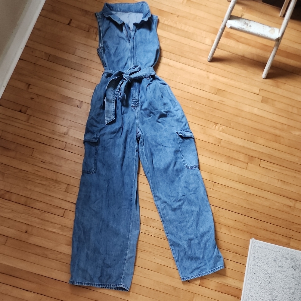 Blue Denim Cargo Pocket Jumpsuit with Belt